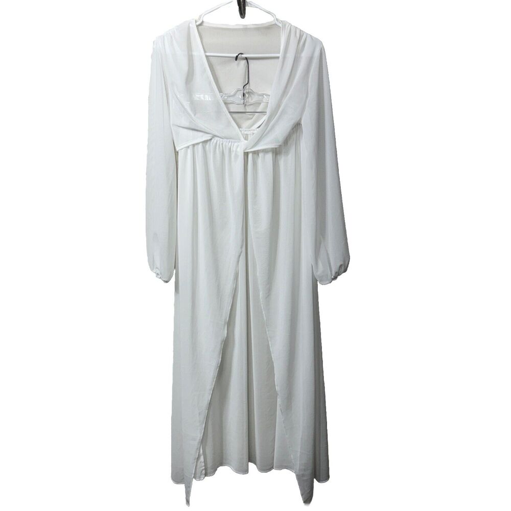 Women's See Through Dress Wrap White Sheer V Neck Long Sleeve Size M